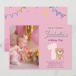 Pink Teddy Bear Baby Girl 1st Birthday  Invitation