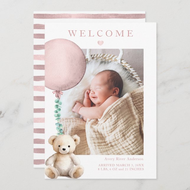 Pink Teddy Bear Baby Girl Photo Birth Announcement (Front/Back)