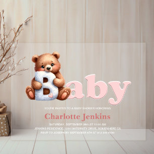 Pink Teddy Bear Baby Shower Acrylic Invitations