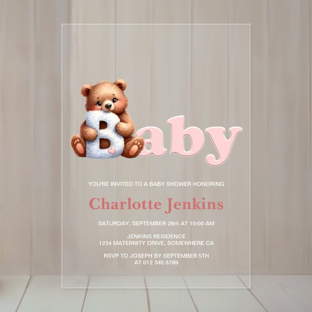 Pink Teddy Bear Baby Shower Acrylic Invitations (Creator Uploaded)