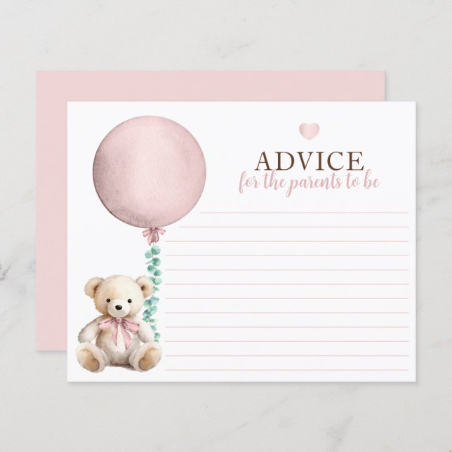 Pink Teddy Bear Baby Shower Advice Card (Front/Back)