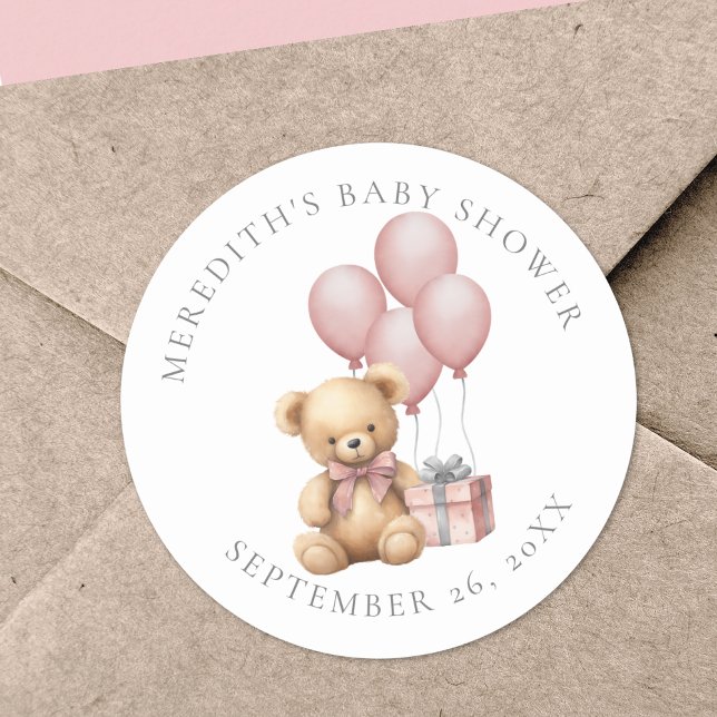 Pink Teddy Bear Baby Shower Classic Round Sticker (Pink Teddy Bear Baby Shower Classic Round Sticker )