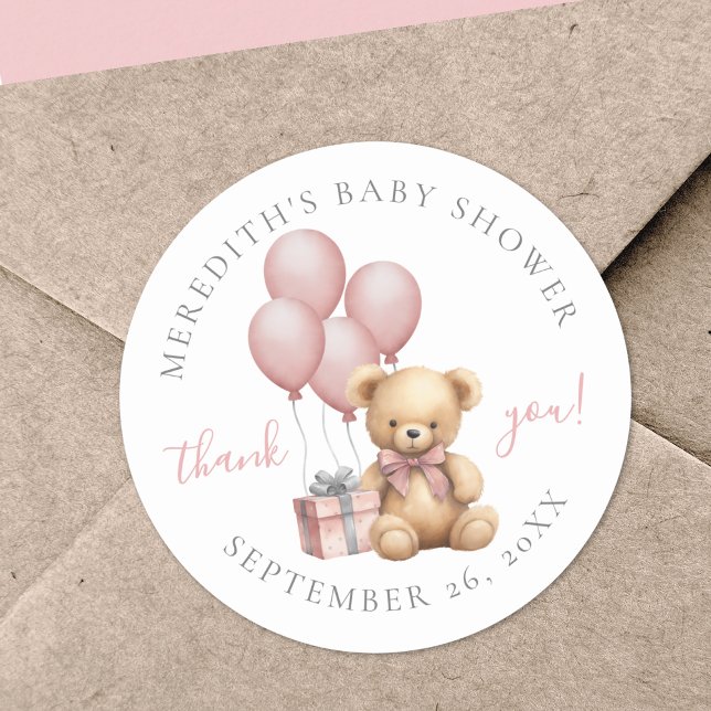 Pink Teddy Bear Baby Shower Classic Round Sticker (Pink Teddy Bear Baby Shower Classic Round Sticker)