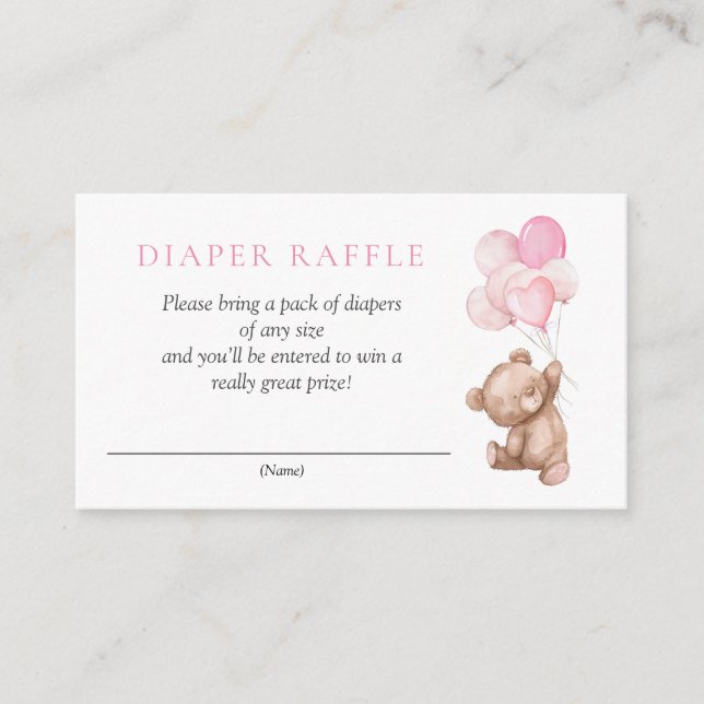 Pink Teddy Bear Baby Shower Diaper Raffle Enclosure Card (Front)