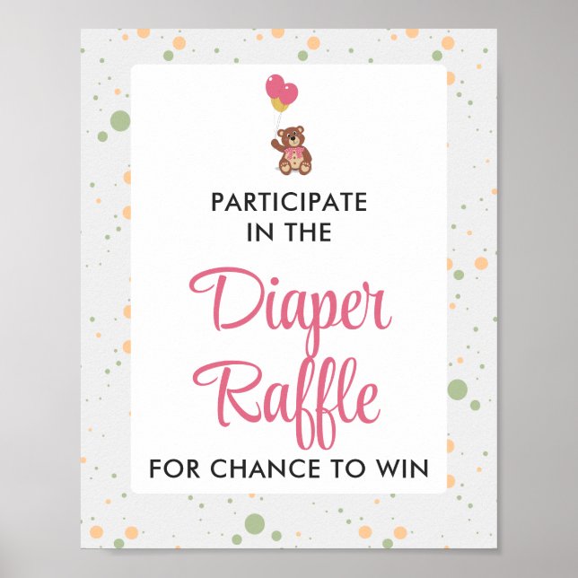 Pink Teddy Bear Baby Shower Diaper Raffle Game Poster (Front)