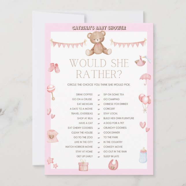 Pink Teddy Bear Baby Shower - Editable Name, 5x7 Invitation (Front)