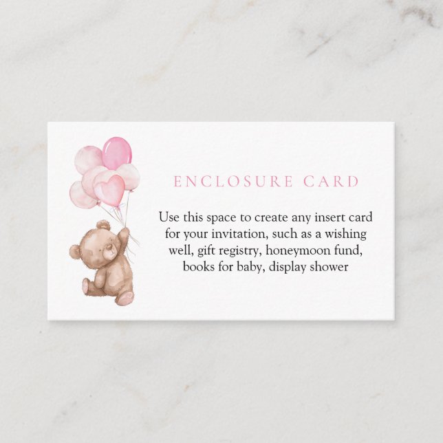 Pink Teddy Bear Baby Shower Enclosure Card (Front)
