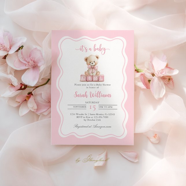Pink Teddy Bear Baby Shower Girl Invitation (Creator Uploaded)