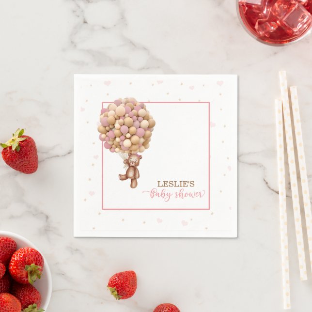 Pink Teddy Bear Baby Shower - Hot Air Balloon (C) Napkin (Insitu)