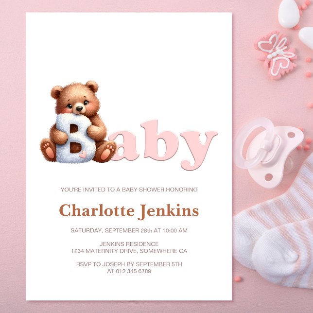 Pink Teddy Bear Baby Shower Invitation (Creator Uploaded)