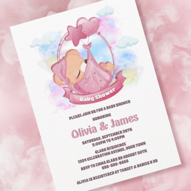 Pink Teddy Bear Baby Shower Invitation (Creator Uploaded)