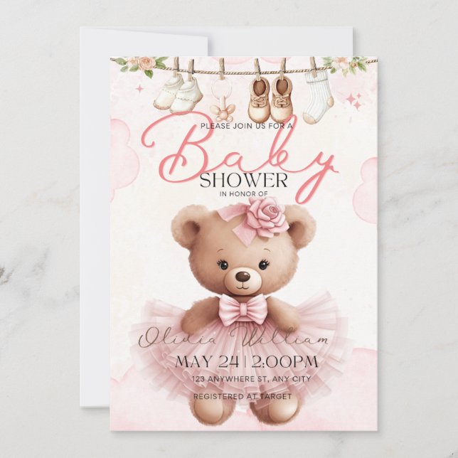 Pink Teddy Bear Baby Shower Invitation (Front)