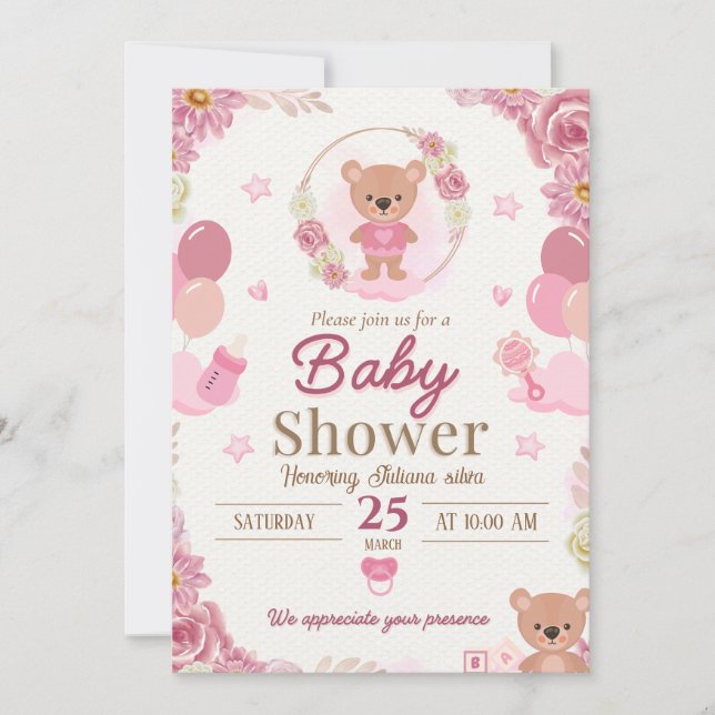Pink Teddy Bear Baby Shower Invitation (Front)