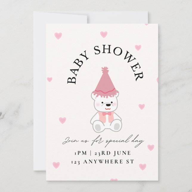 Pink Teddy Bear Baby Shower Invitation card (Front)