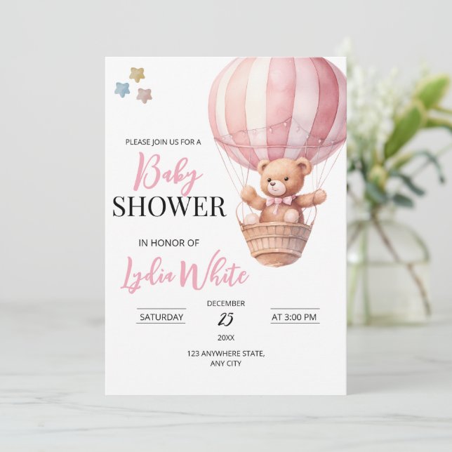 Pink Teddy bear baby shower invitation template (Standing Front)
