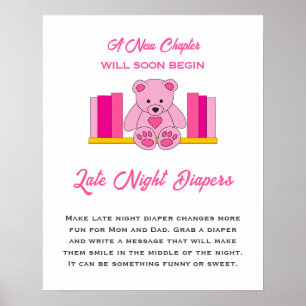 Pink Teddy Bear Baby Shower Late Night Diapers Poster