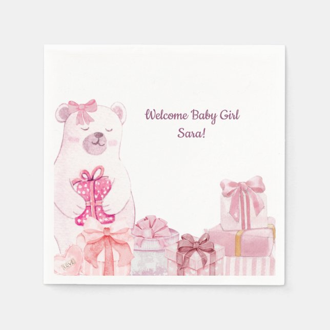 Pink Teddy Bear Baby Shower Napkin (Front)