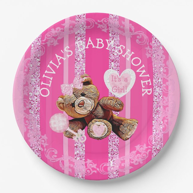 Pink Teddy Bear Baby Shower Paper Plates (Front)