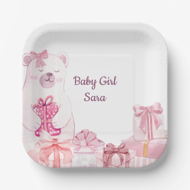 Pink Teddy Bear Baby Shower Party Plate (Front)
