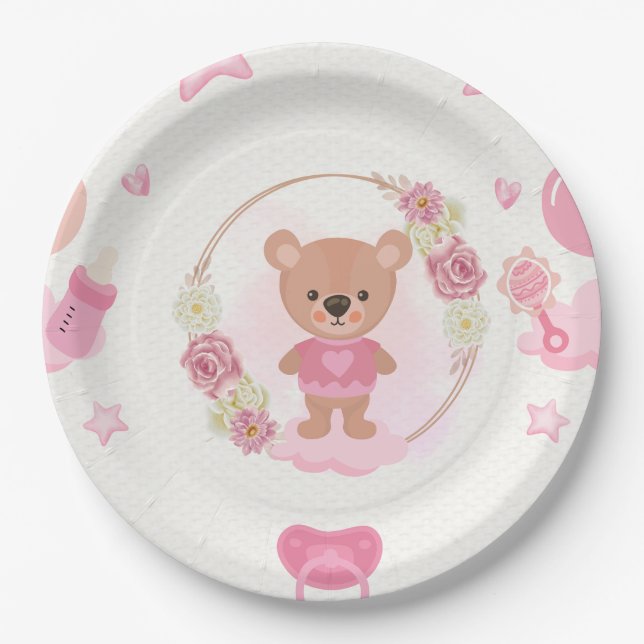 Pink Teddy Bear Baby Shower Plate (Front)
