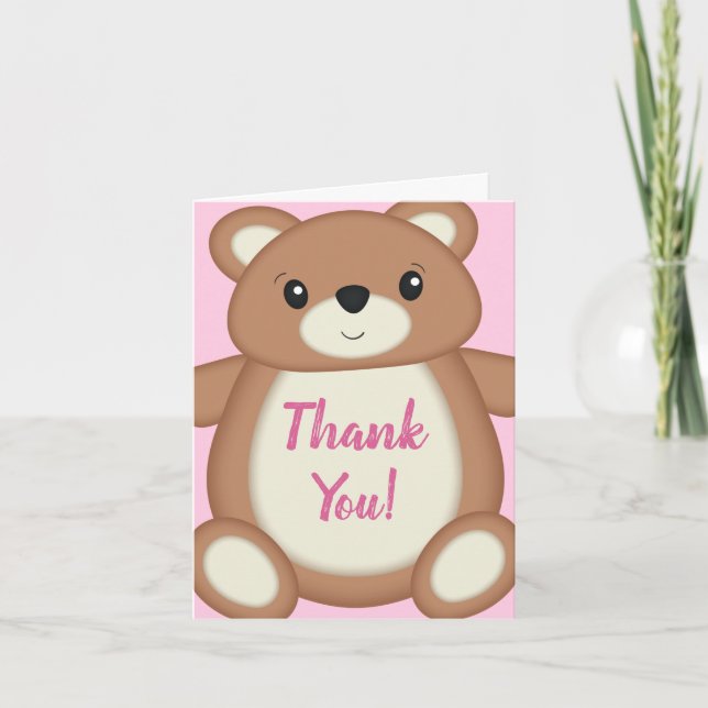 Pink Teddy Bear Baby Shower Thank You Card (Front)