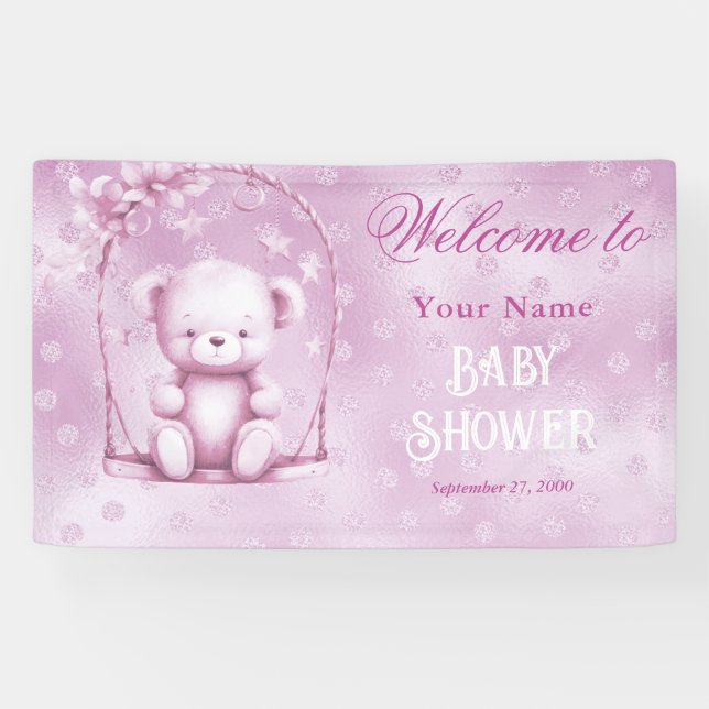 Pink Teddy Bear Baby Shower Welcome Banner (Horizontal)