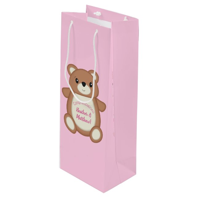 Pink Teddy Bear Baby Shower Wine Gift Bag (Front Angled)
