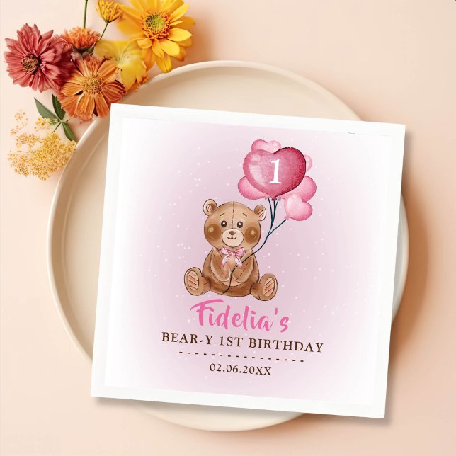 Pink Teddy Bear Balloon 1st Birthday Napkin (Creator Uploaded)