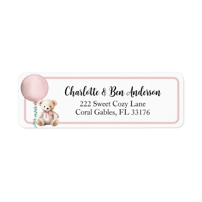 Pink Teddy Bear Balloon Address Label (Front)