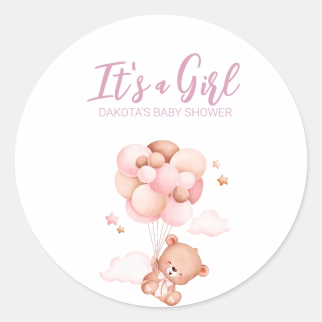 Pink Teddy Bear Balloon Baby Shower Classic Round Sticker (Front)