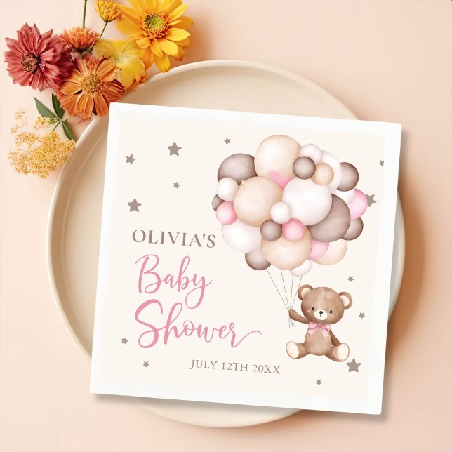 Pink Teddy Bear Balloon Baby Shower Napkins (Creator Uploaded)