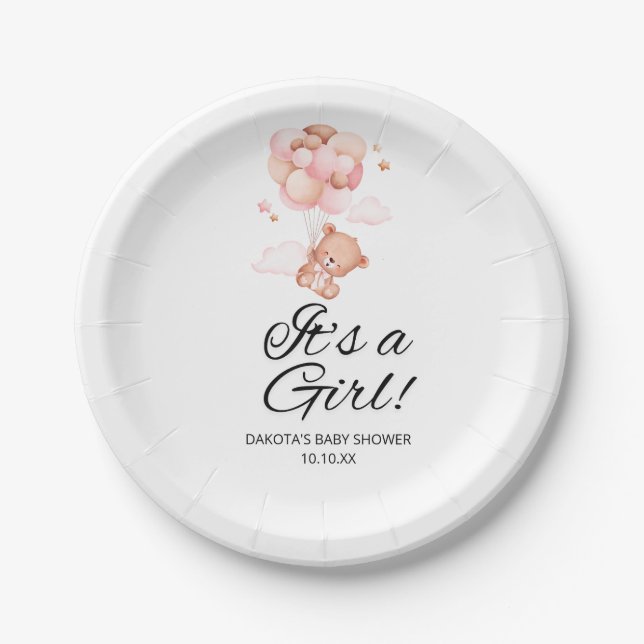 Pink Teddy Bear Balloon Baby Shower Paper Plate (Front)