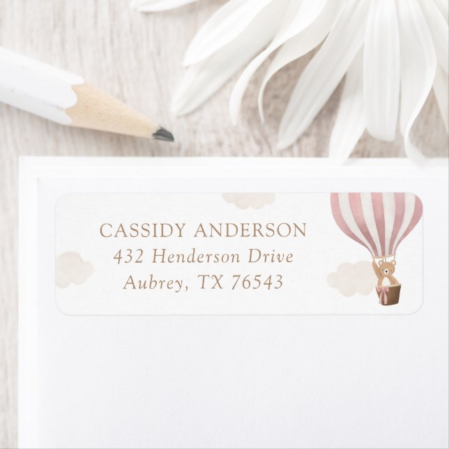 Pink Teddy Bear Balloon Baby Shower Return Address (Insitu)