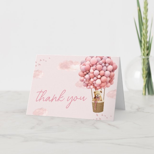 Pink Teddy Bear Balloon Baby Shower Thank You Card (Front)