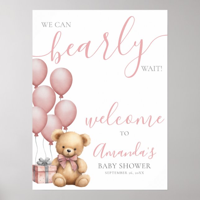 Pink Teddy Bear Balloon Baby Shower Welcome Poster (Front)