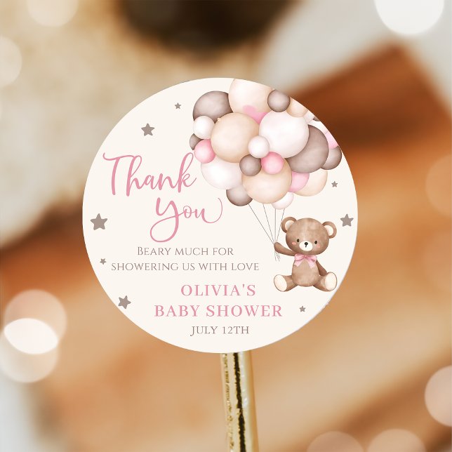 Pink Teddy Bear Balloon Bearly Wait Baby Shower  Classic Round Sticker (Creator Uploaded)