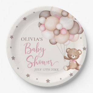 Pink Teddy Bear Balloon Bearly Wait Baby Shower Paper Plate
