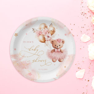 Pink Teddy Bear Balloon Bearly Wait Baby Shower Paper Plate