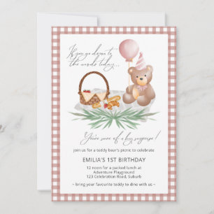 Pink Teddy Bear Balloon Picnic 1st Birthday  Invitation