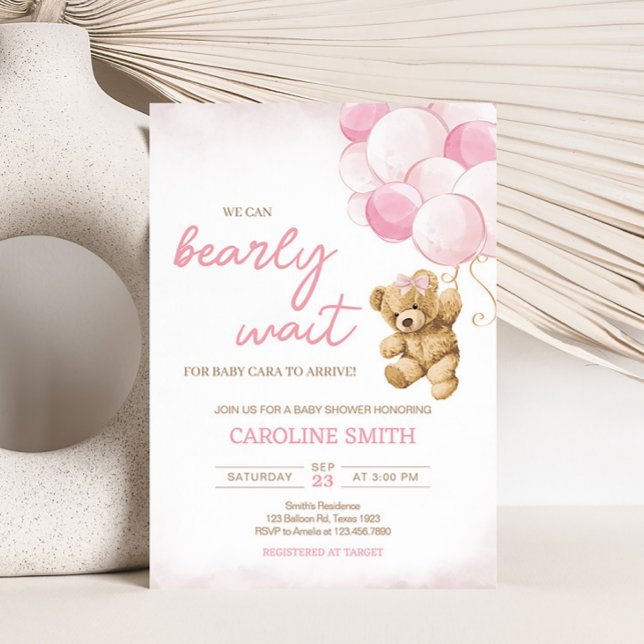 Pink Teddy Bear Balloons Baby Shower  Invitation (Pink Balloon Bear Baby Shower Invitation)