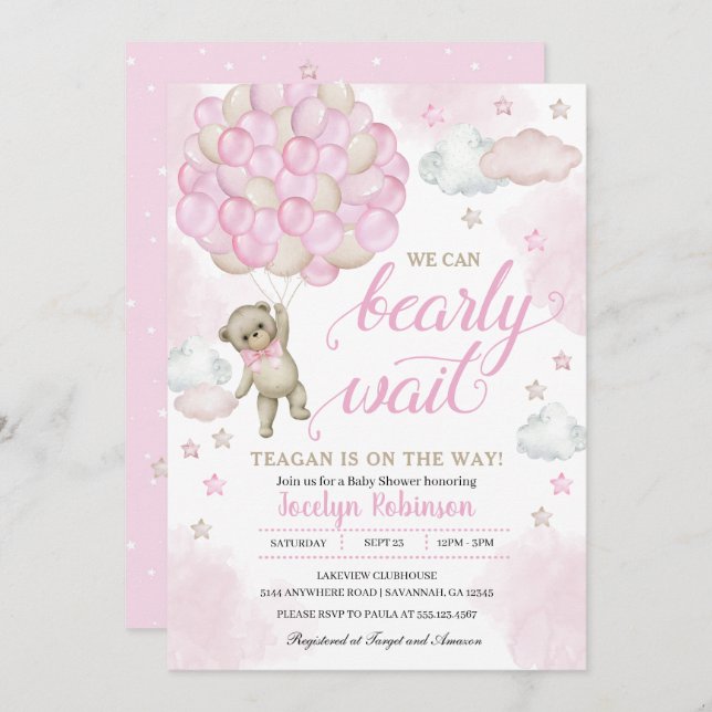 Pink Teddy Bear Balloons Baby Shower Invitation (Front/Back)