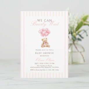 Pink  Teddy Bear Balloons Beary Wait Baby Shower Invitation