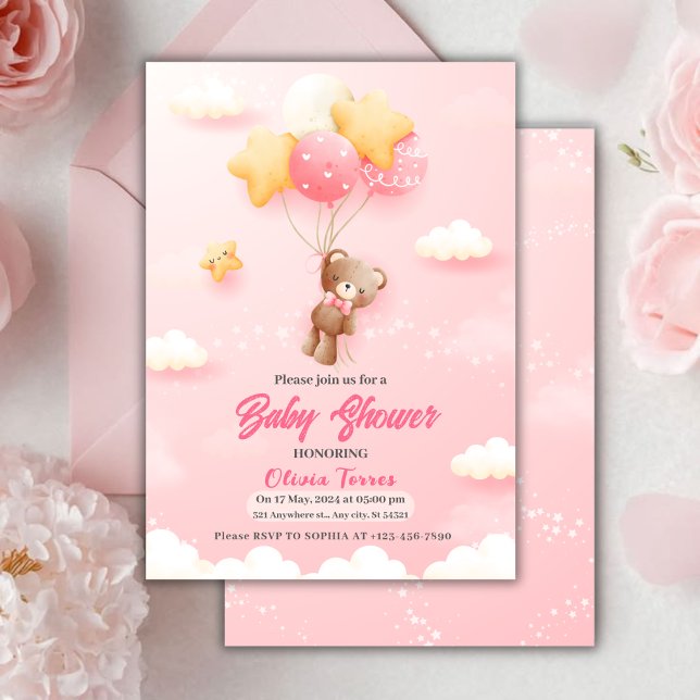 Pink Teddy Bear Balloons Girl Baby Shower  Invitation (Creator Uploaded)