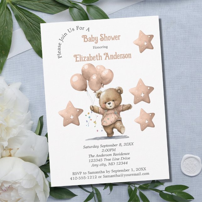 Pink Teddy Bear Balloons Stars Girl Baby Shower  Invitation (Creator Uploaded)