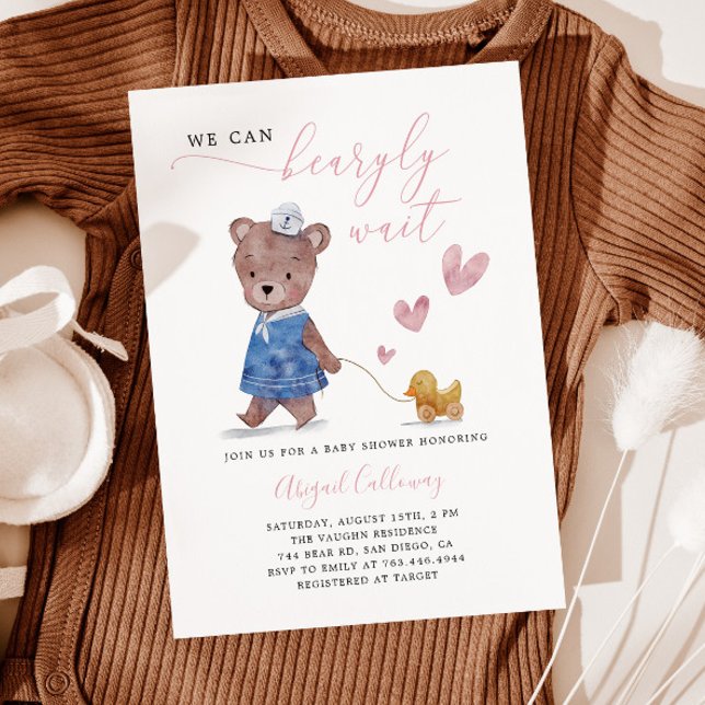 Pink Teddy Bear Bearly Wait Baby Shower Invitation (Creator Uploaded)