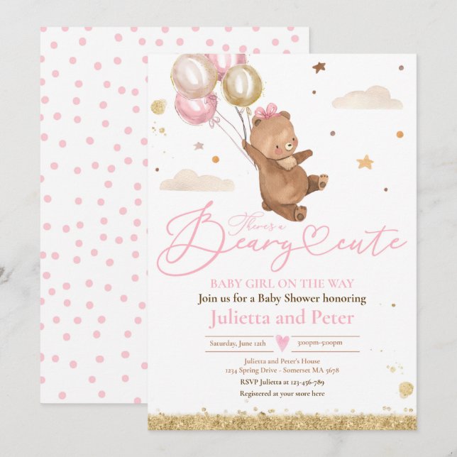 Pink Teddy Bear Beary Cute Baby Girl On The Way  Invitation (Front/Back)