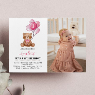 Pink Teddy Bear Birthday Invitation Bear Balloon