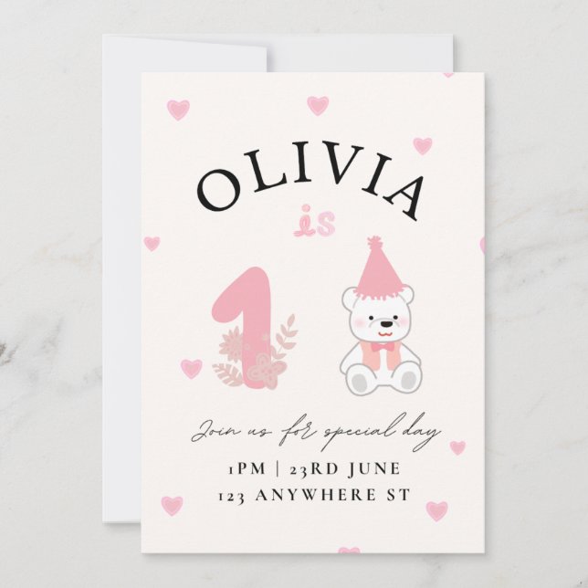 Pink Teddy Bear birthday Invitation Card   (Front)