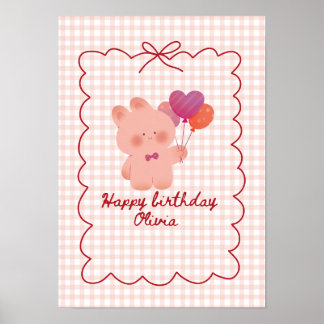 Pink teddy bear birthday poster