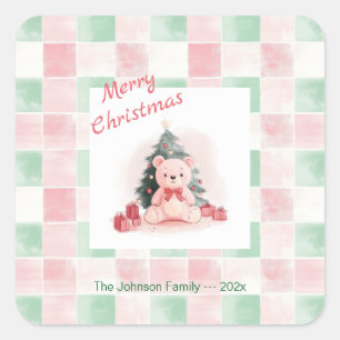 Pink Teddy Bear Cute Christmas Square Sticker